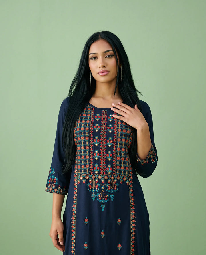 Navy Embroidered Rayon Straight cut Long Kurta