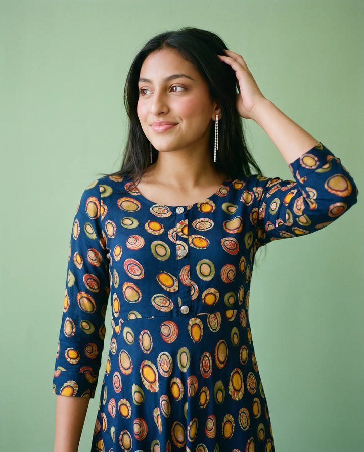 Navy Printed Rayon Maxi Dress