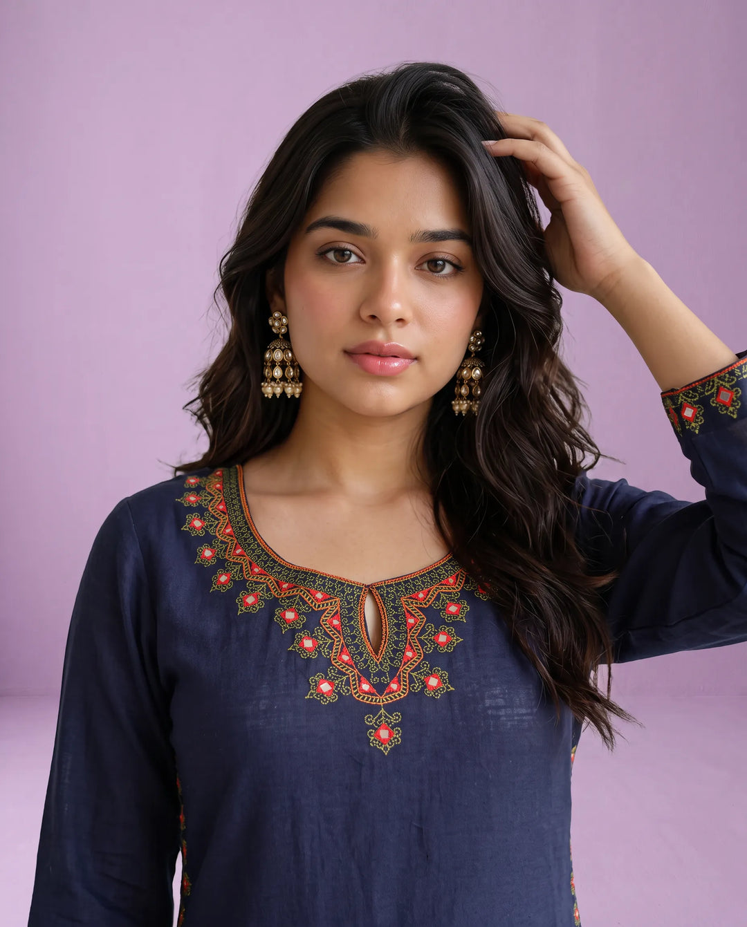 Navy Embroidered Rayon Straight cut Long Kurta