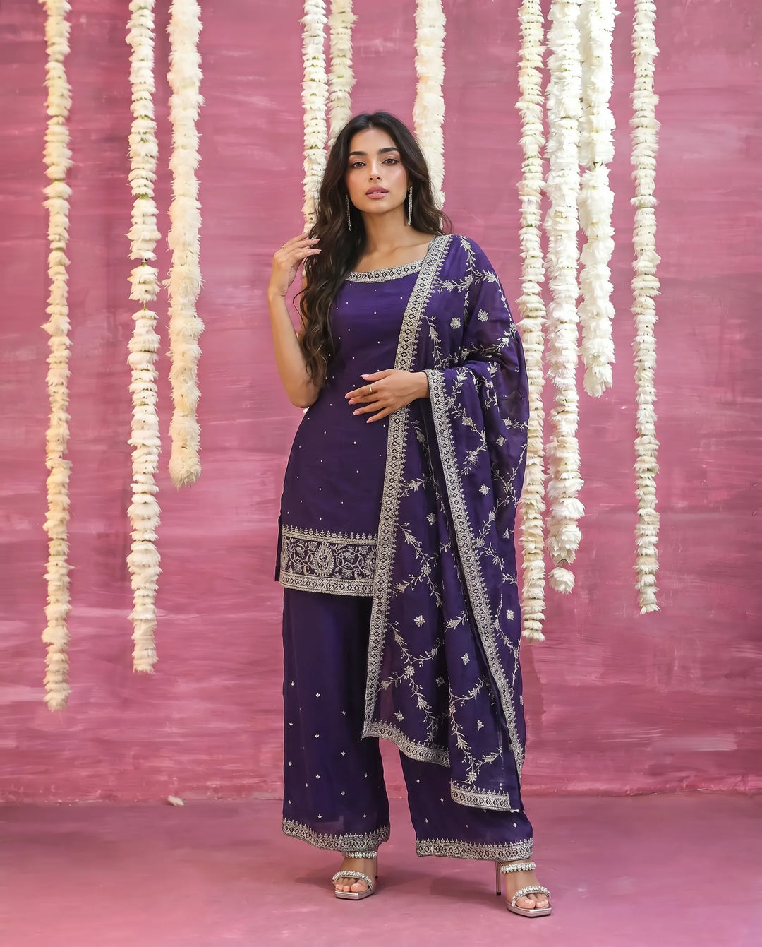 Purple Embriodered Silk Blended Sleeveless Kurta Bottom Dupatta Set