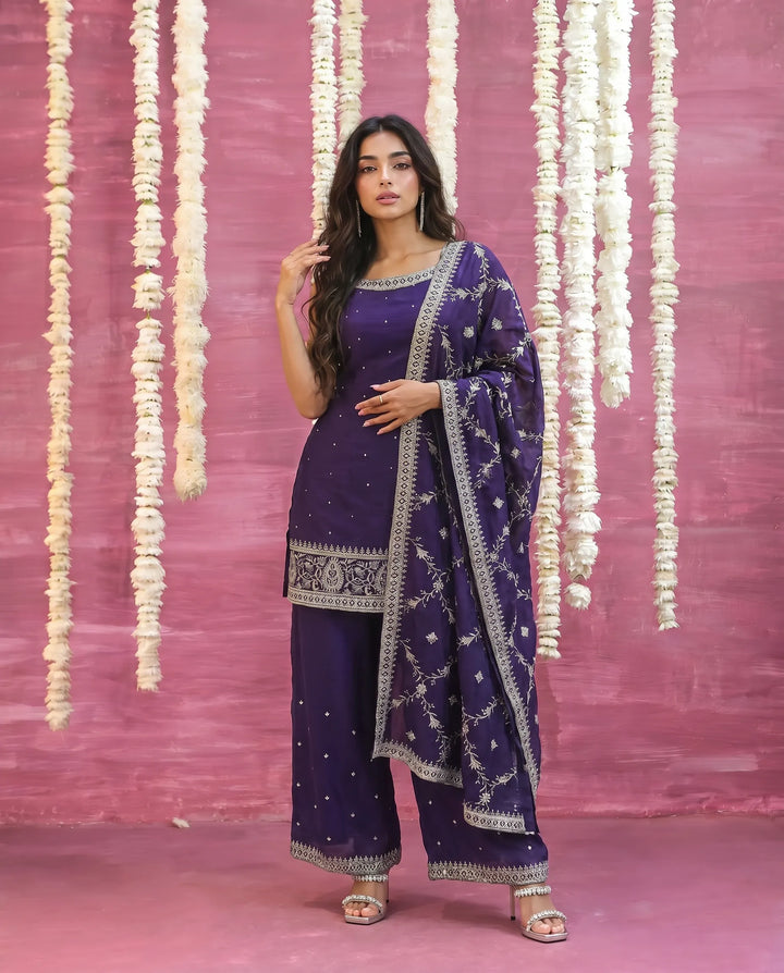 Purple Embriodered Silk Blended Sleeveless Kurta Bottom Dupatta Set
