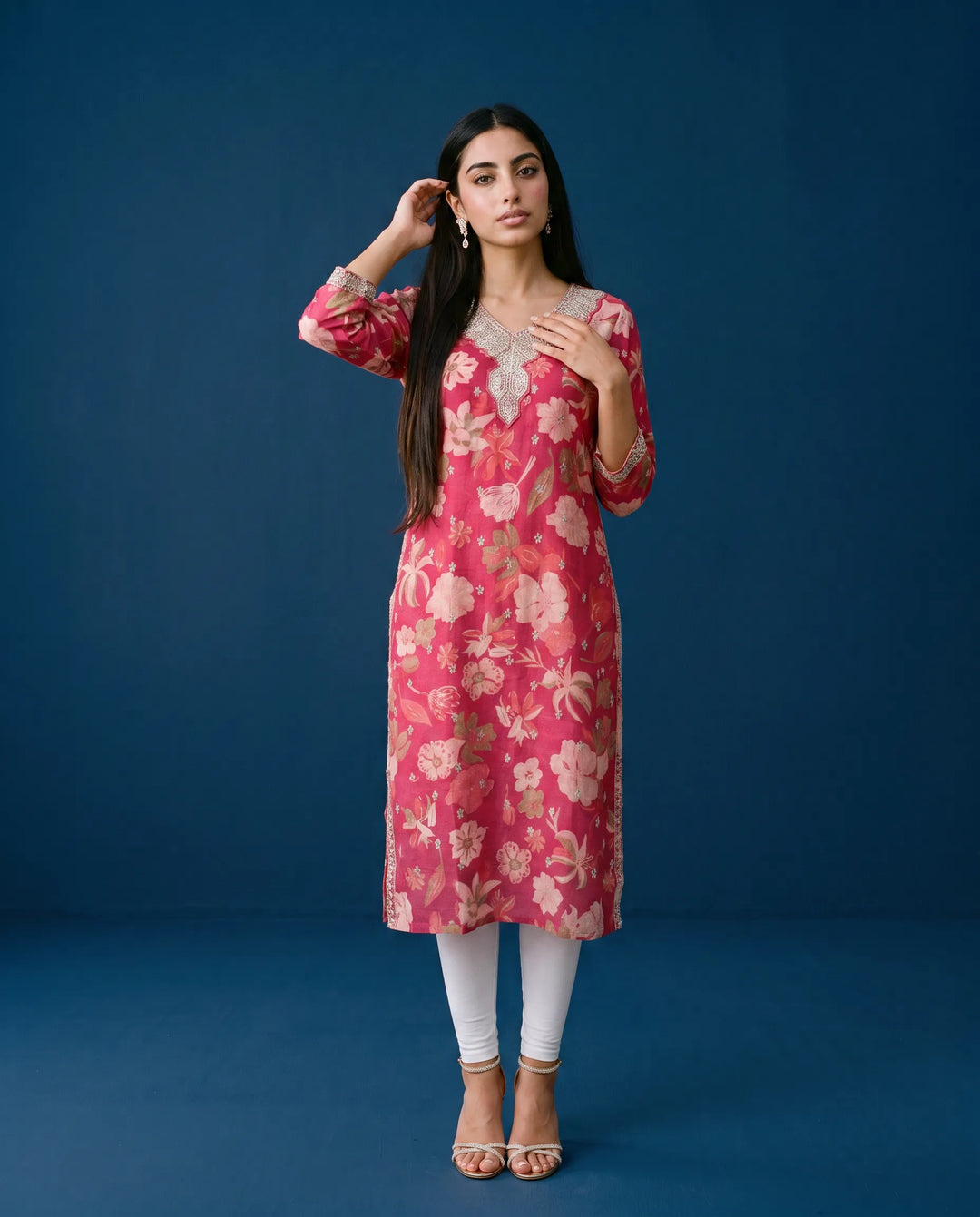 Magenta Embroidered Viscose Blended 3/4 Sleeves Straight Cut Long Kurta