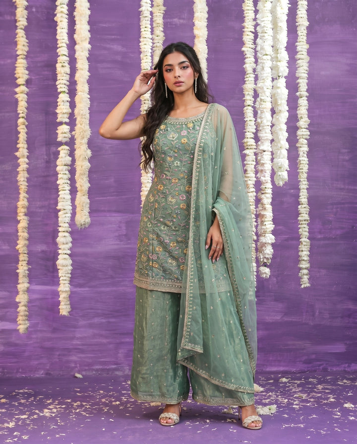 Sea Green Embriodered Silk Blended Spaghetti Strap Kurta Bottom Dupatta Set