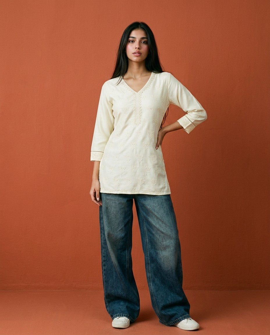 Cream Embriodered Cotton Short Kurti