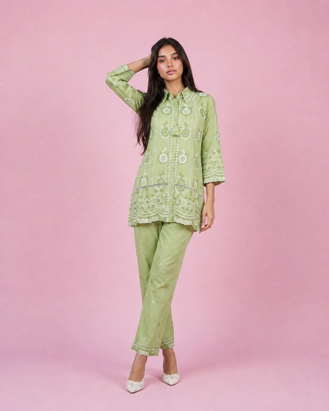 Pista Embroidered Cotton Satin Co-Ord Set