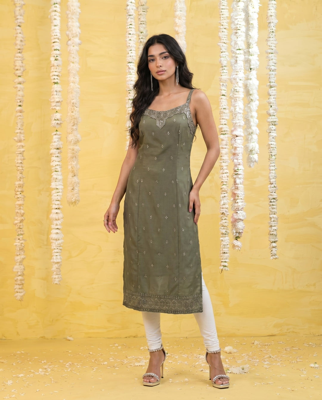 Olive Embroidered Viscose Blended Spaghetti Strap Straight Cut Long Kurta