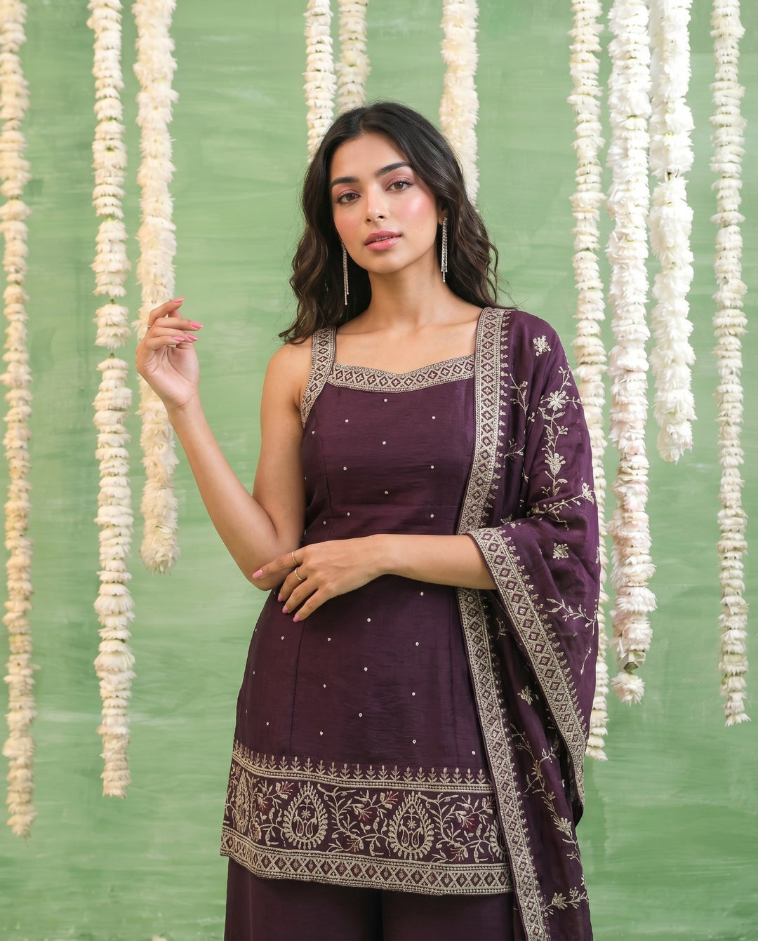 Wine Embriodered Silk Blended Sleeveless Kurta Bottom Dupatta Set