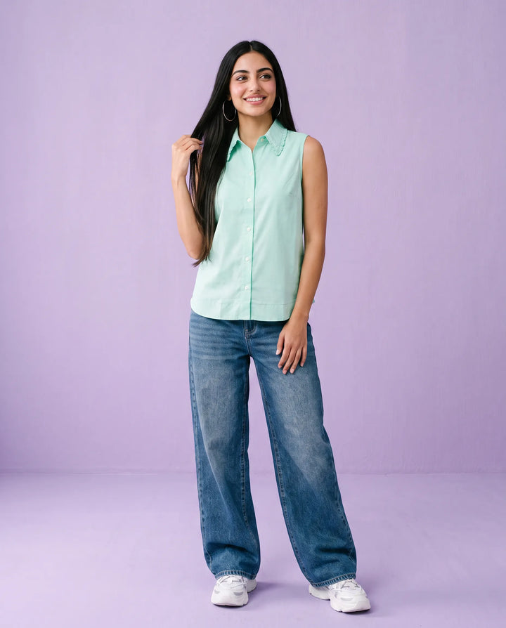Turquoise Solid Cotton Satin Sleeveless Top
