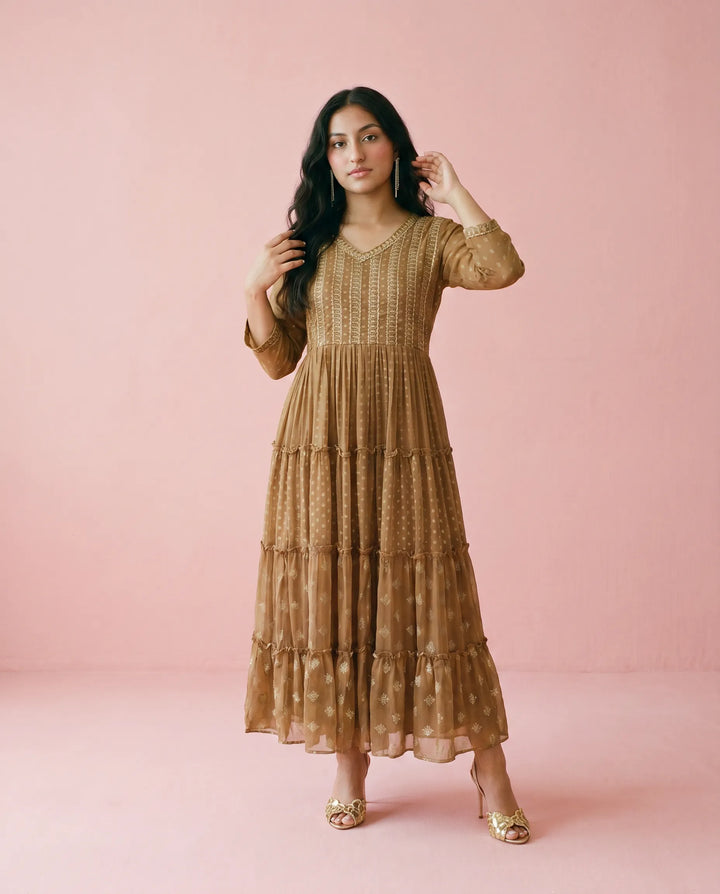 Brown Printed Georgette Maxi Dress