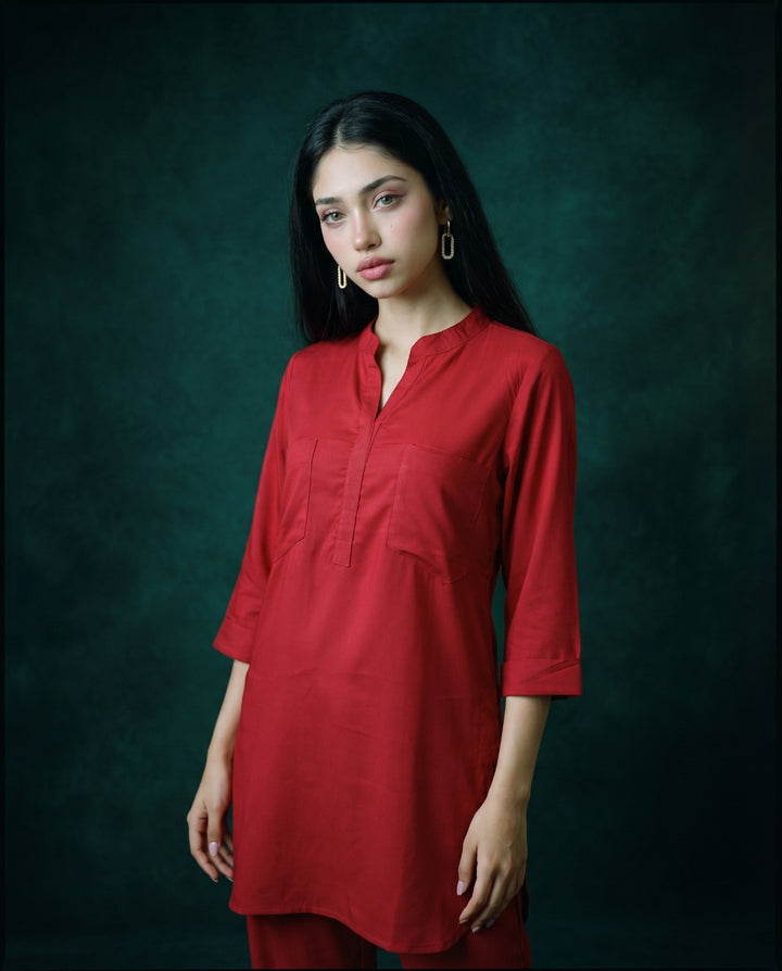 Maroon Solid Cotton Satin Co-Ord Set
