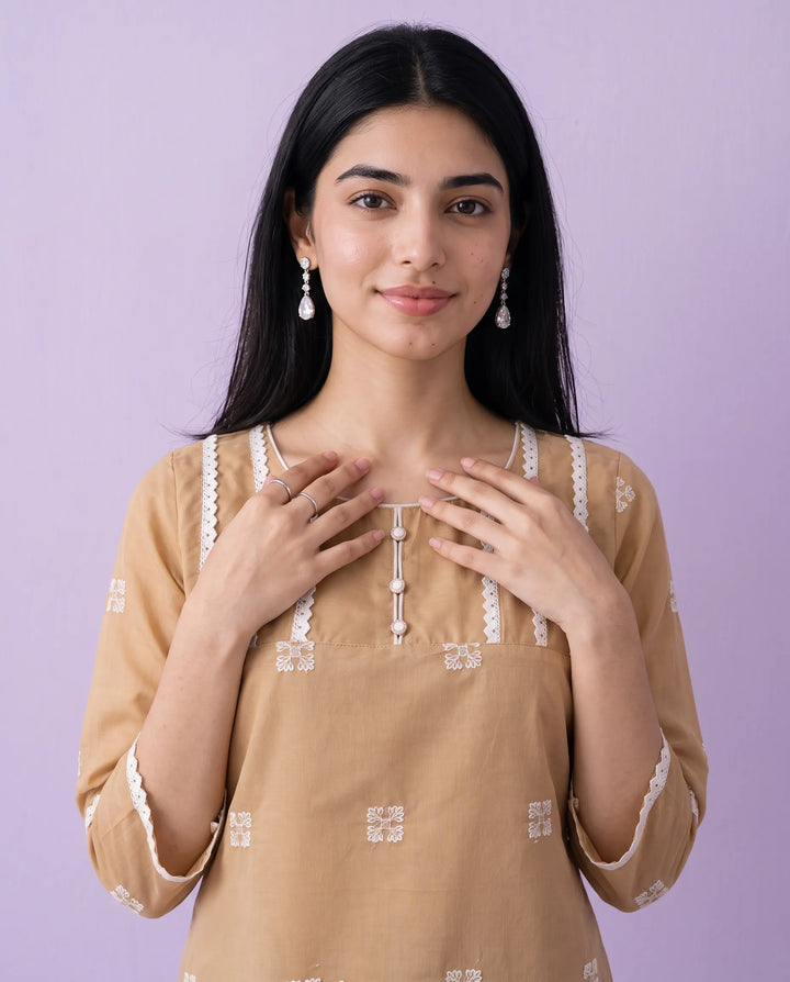 Beige Embroidered Viscose Blended Straight Cut Long Kurta