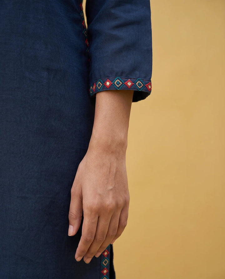Navy Embroidered Viscose Blended Straight cut Long Kurta
