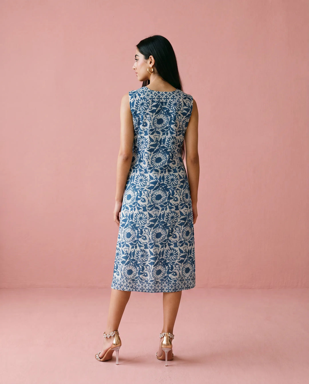 Blue Printed Pure Cotton Hand-Block Printed Midi Dress