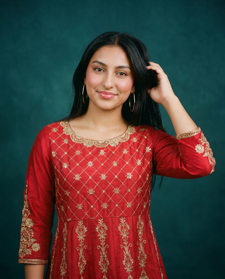Red Embriodered Silk Blended Maxi Dress