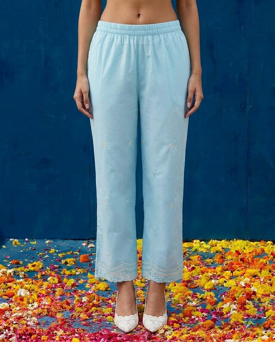 Sky Blue Embroidered Cotton Satin Co-Ord Set