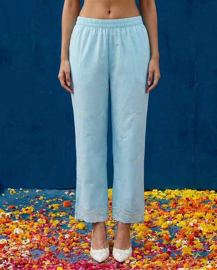 Sky Blue Embroidered Cotton Satin Co-Ord Set