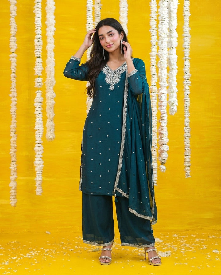 Bottle Green Embriodered Silk Blended Kurta Bottom Dupatta Set