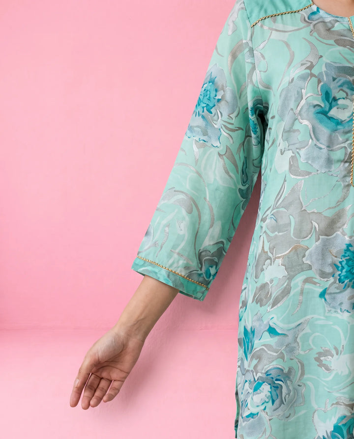 Turquoise Printed Crepe Silk Short Kurti