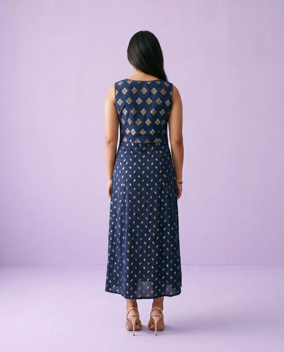 Navy Printed Rayon Sleeveless Maxi Dress