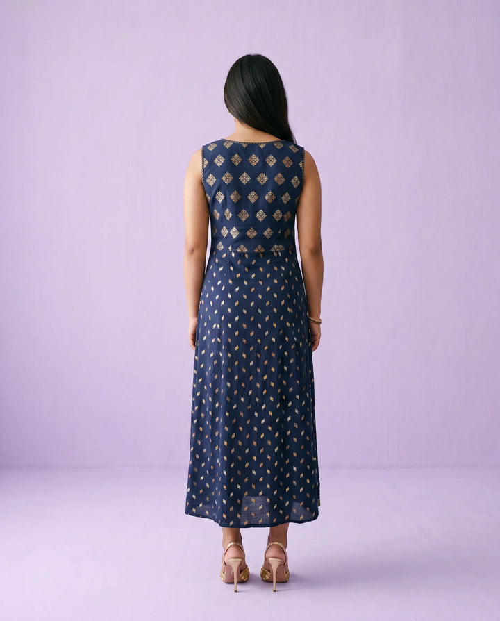 Navy Printed Rayon Sleeveless Maxi Dress
