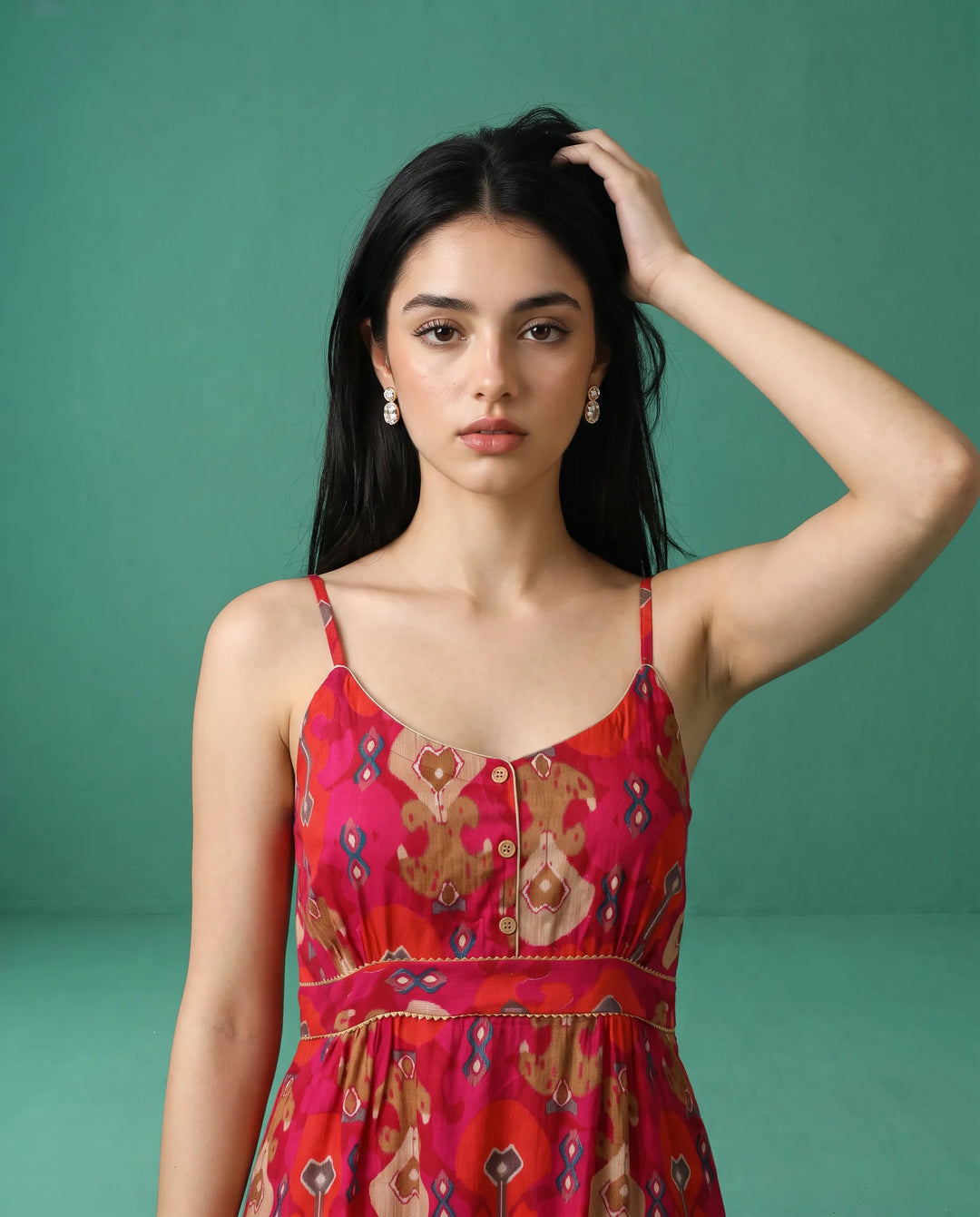 Pink Printed Viscose Blended Spaghetti Strap Straight Cut Long Kurta