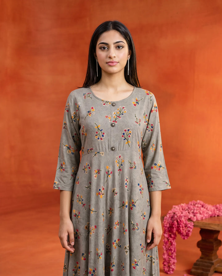 Grey Printed Rayon Maxi Dress