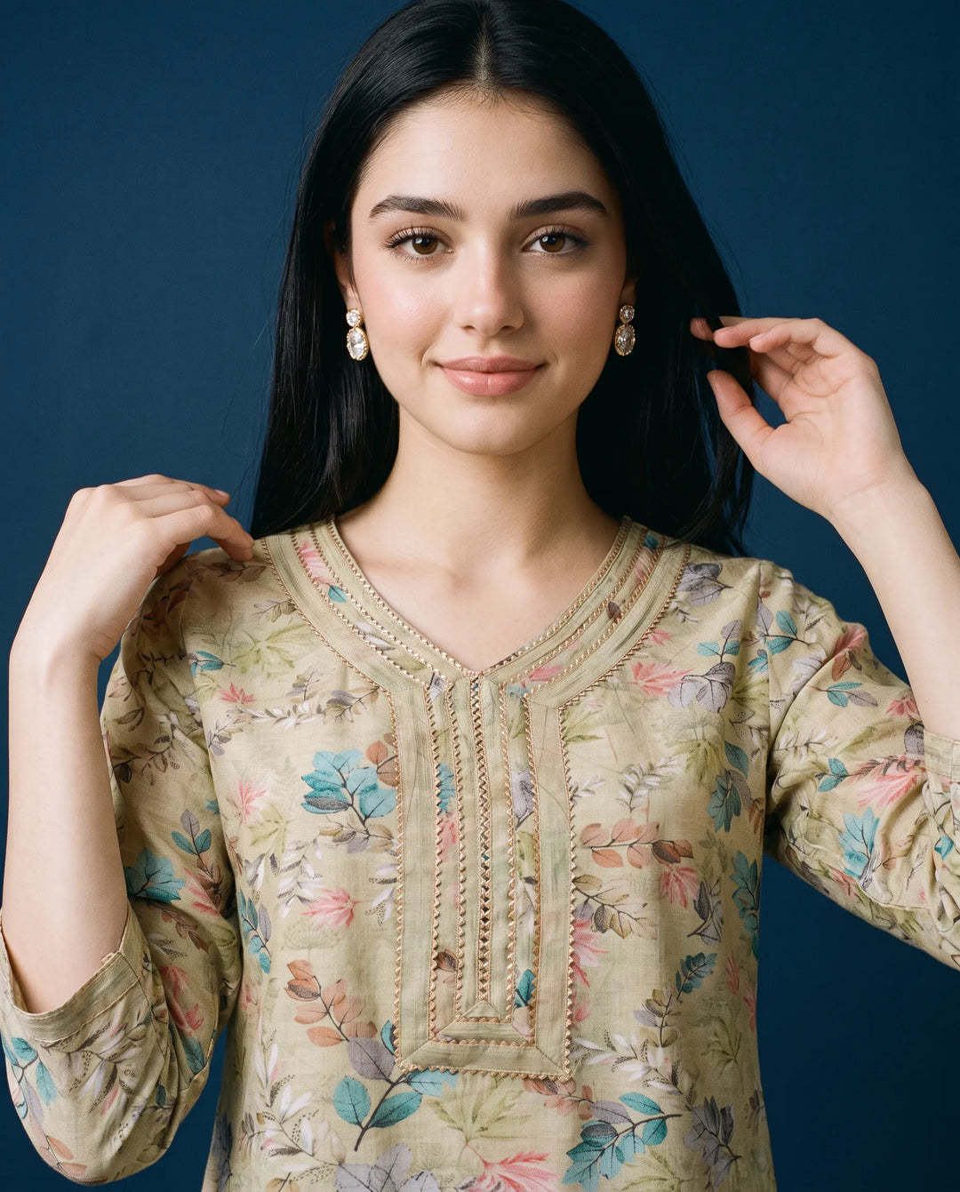 Beige Printed Cotton Blended Short Kurti