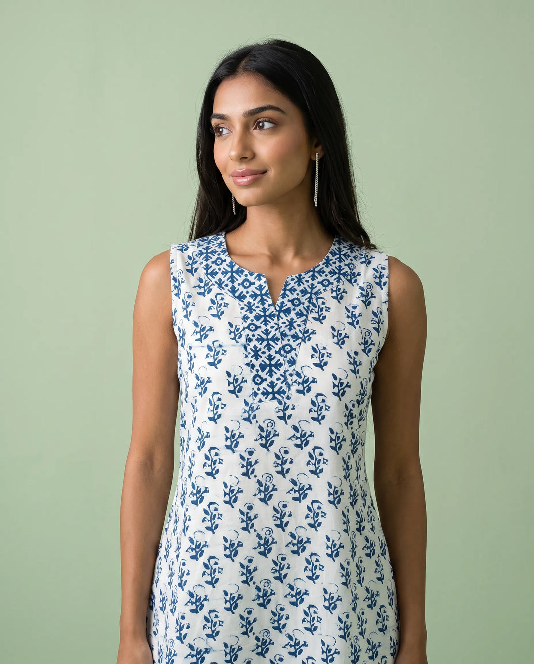 Blue Printed Pure Cotton Hand-Block Printed Midi Dress