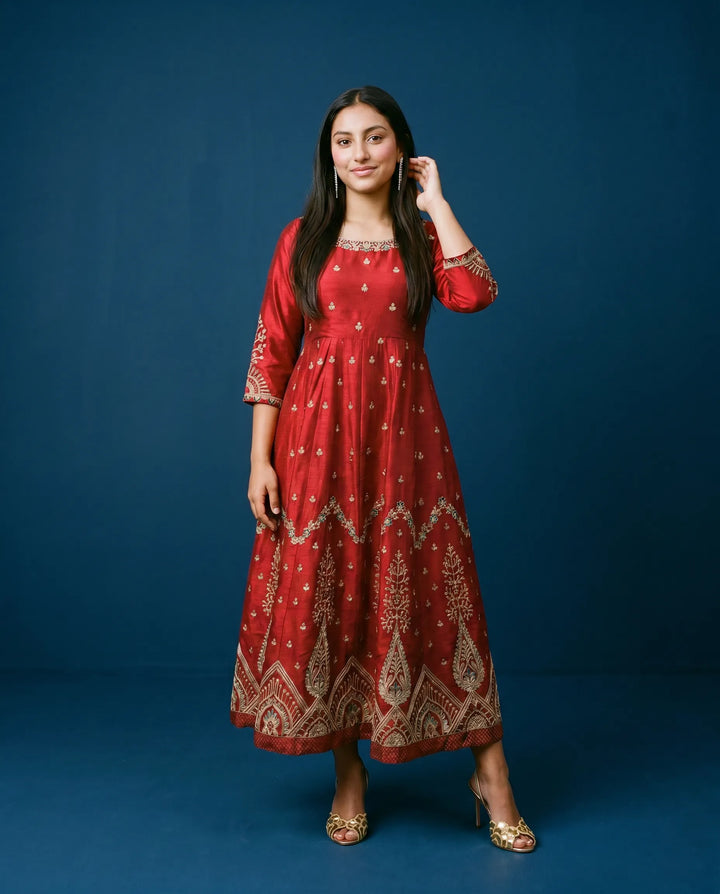 Maroon Embriodered Silk Blended Maxi Dress