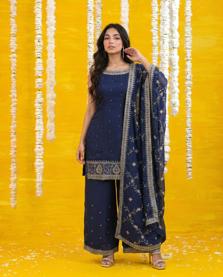 Navy Embriodered Silk Blended Sleeveless Kurta Bottom Dupatta Set