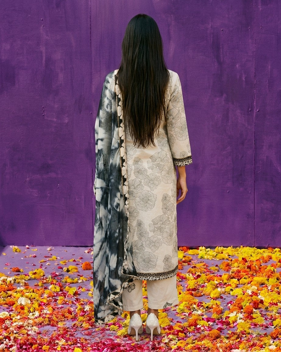 White Printed Cotton Kurta Bottom Dupatta Set