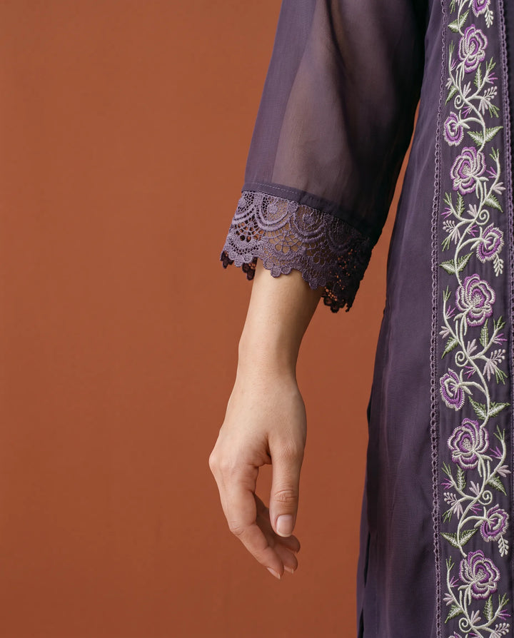Purple Embroidered Georgette Straight cut Long Kurta