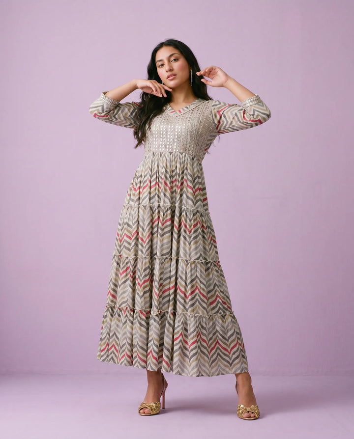 Multi Colour Embriodered Viscose Blended Maxi Dress