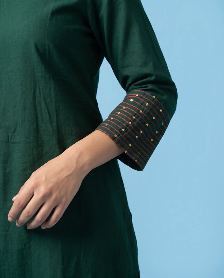 Green Embroidered Cotton Short Kurti