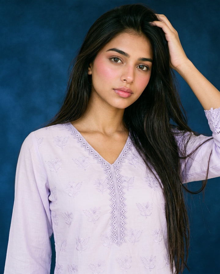 Lavender Embriodered Cotton Short Kurti