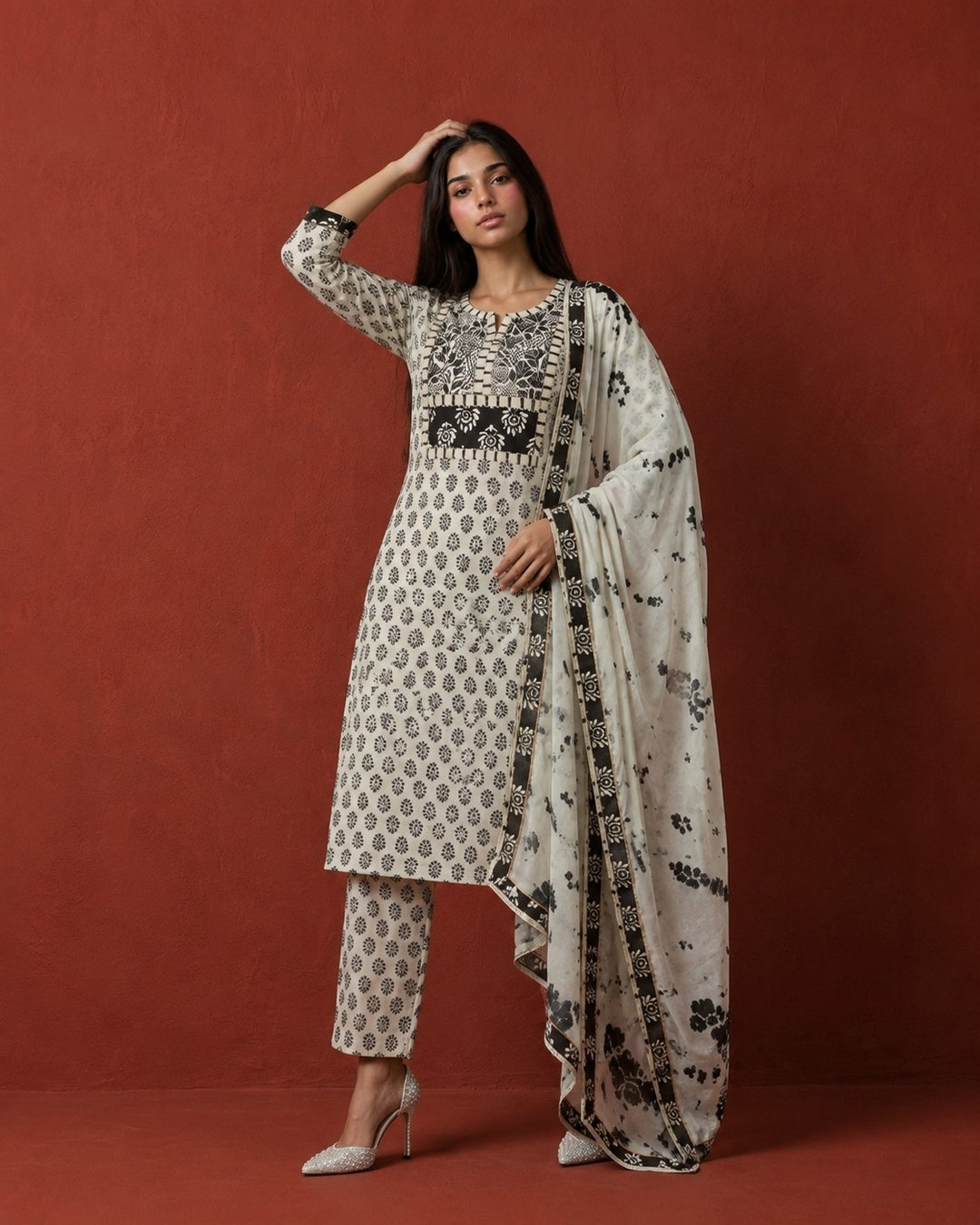 White Printed Cotton Kurta Bottom Dupatta Set