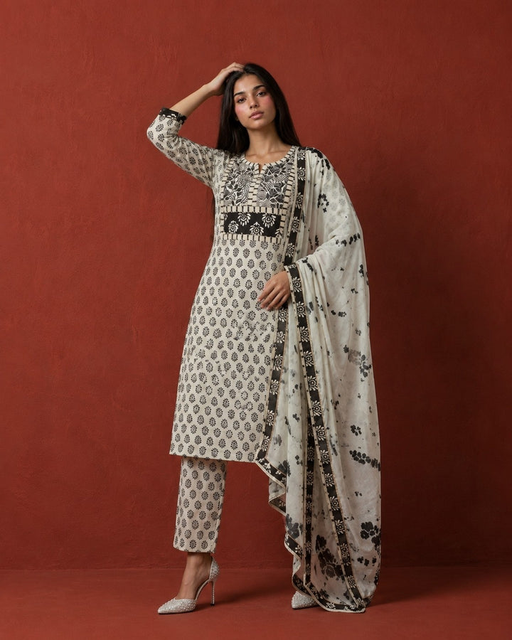 White Printed Cotton Kurta Bottom Dupatta Set