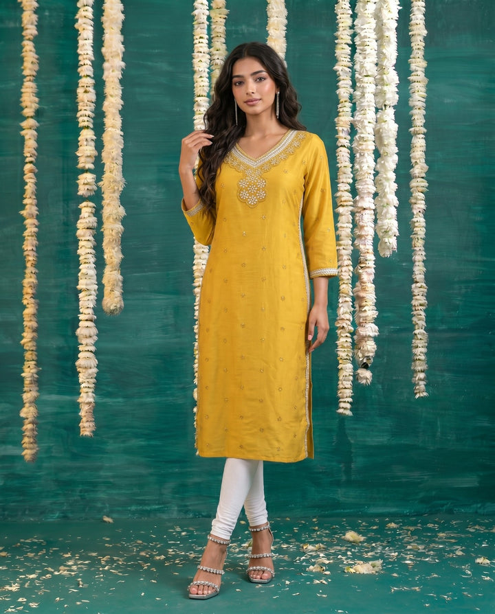 Mustard Embroidered Viscose Blended Straight cut Long Kurta