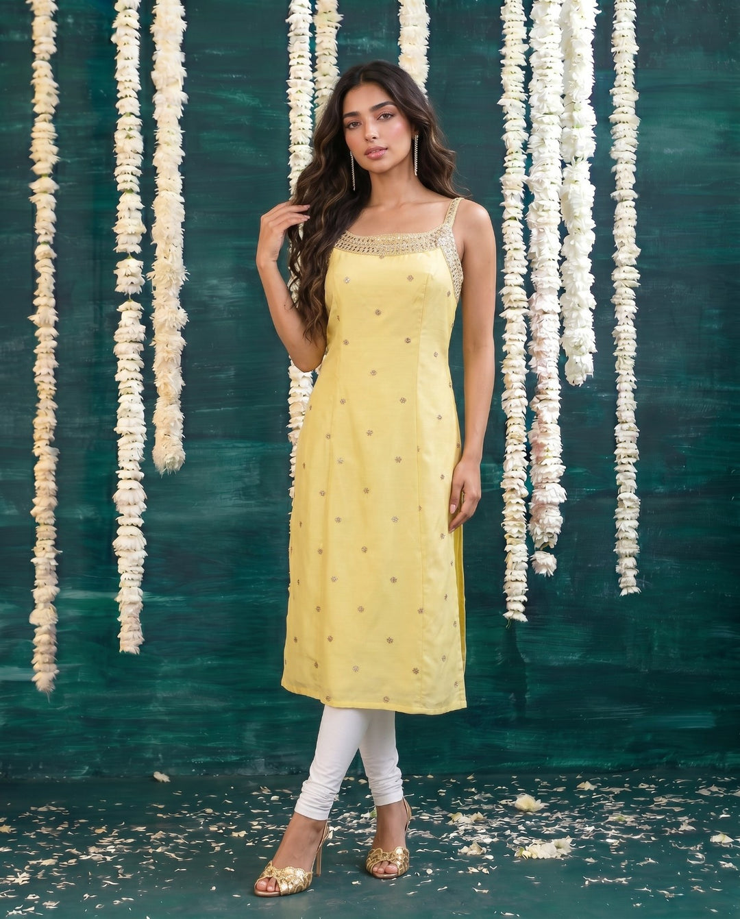 Yellow Embroidered Viscose Blended Spaghetti Strap Straight Cut Long Kurta