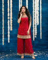 Red Embriodered Silk Blended Spaghetti Strap Kurta Bottom Dupatta Set