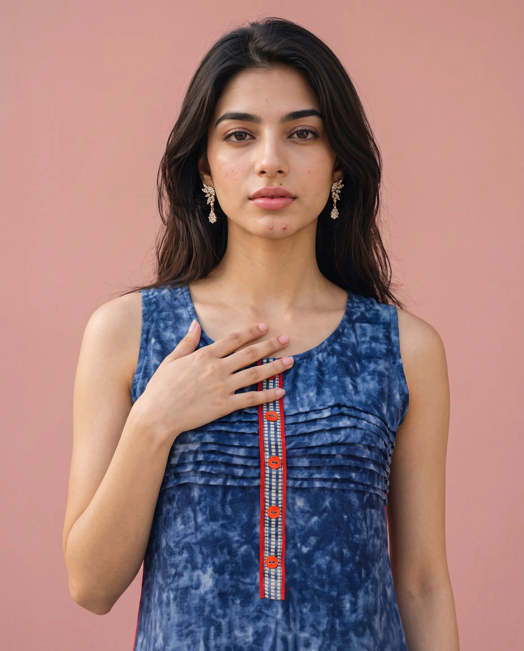 Navy Printed Viscose Blended Straight cut Long Kurta