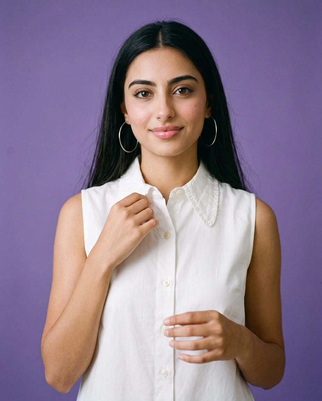 White Solid Cotton Satin Sleeveless Top