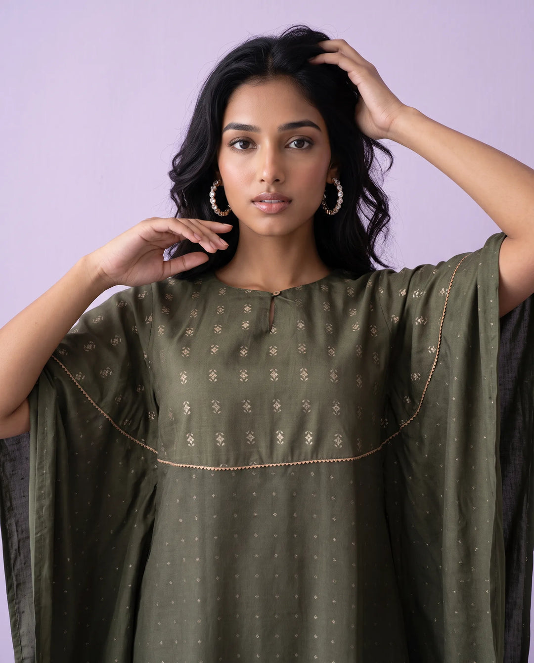Olive Printed Viscose Blended Kaftan