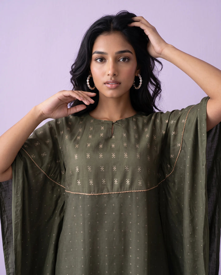 Olive Printed Viscose Blended Kaftan