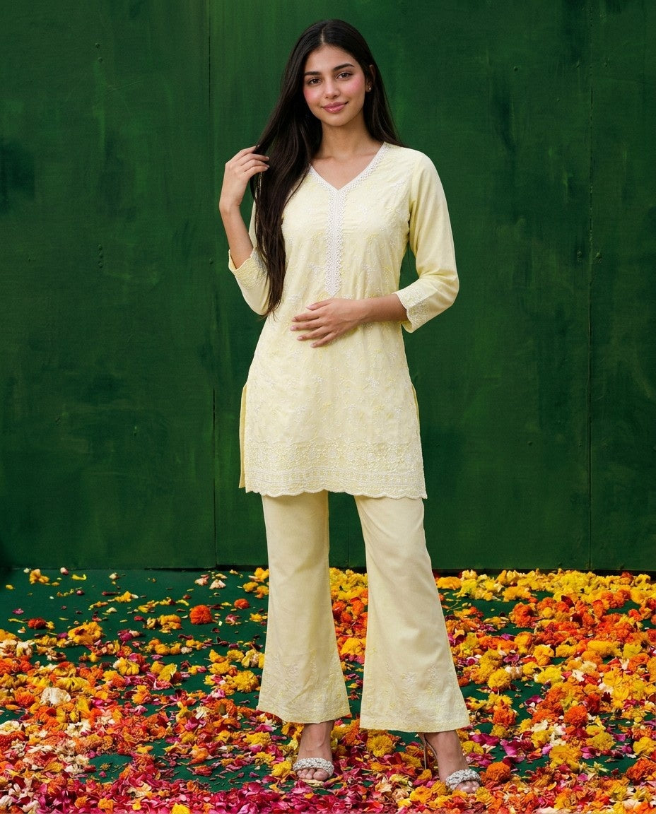 Yellow Embriodered Cotton Satin Co-Ord Set