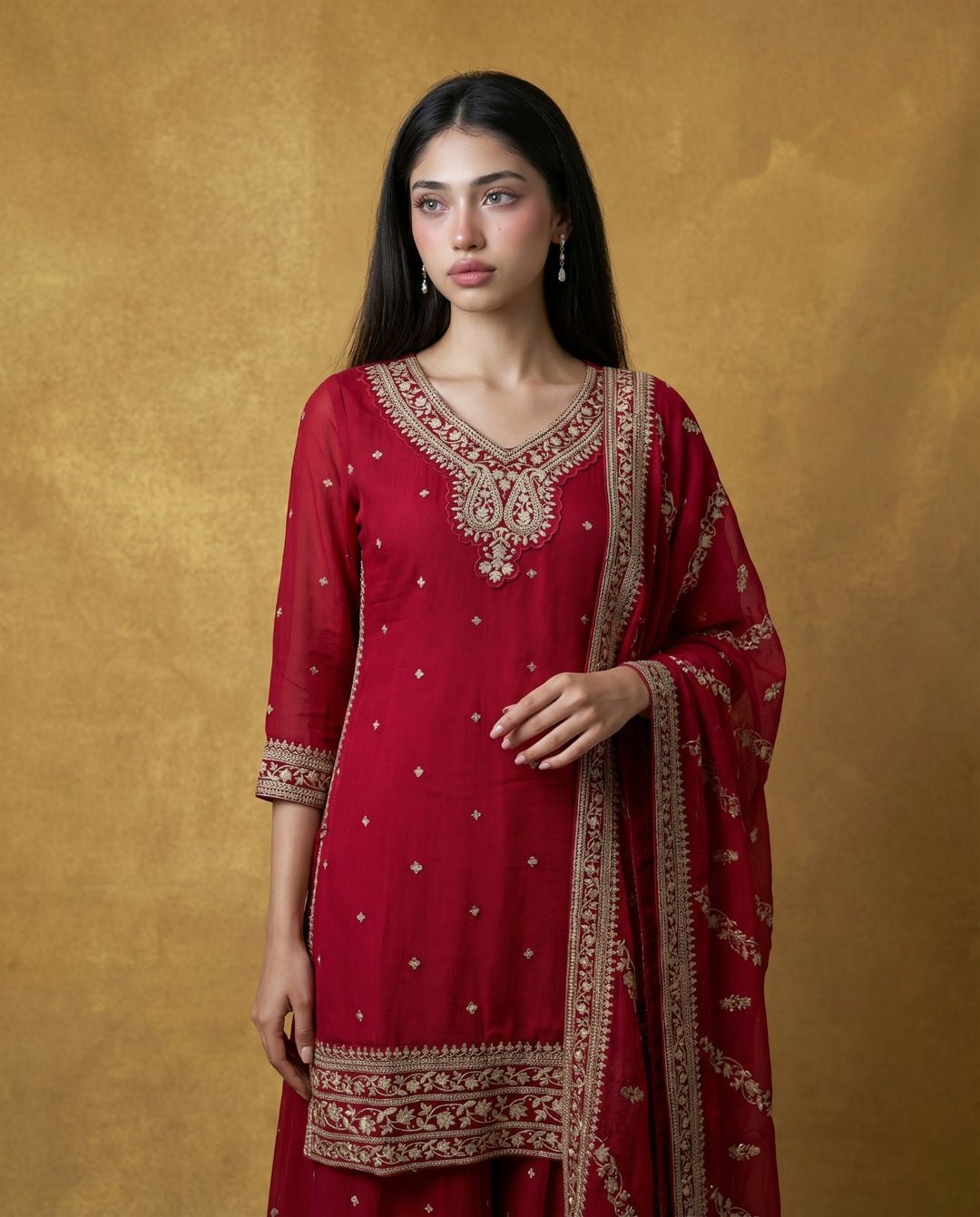 Magenta Embriodered Silk Blended 3/4 Sleeves Kurta Bottom Dupatta Set