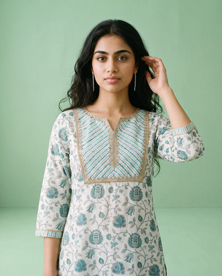 Blue Printed Viscose Blended Straight cut Long Kurta