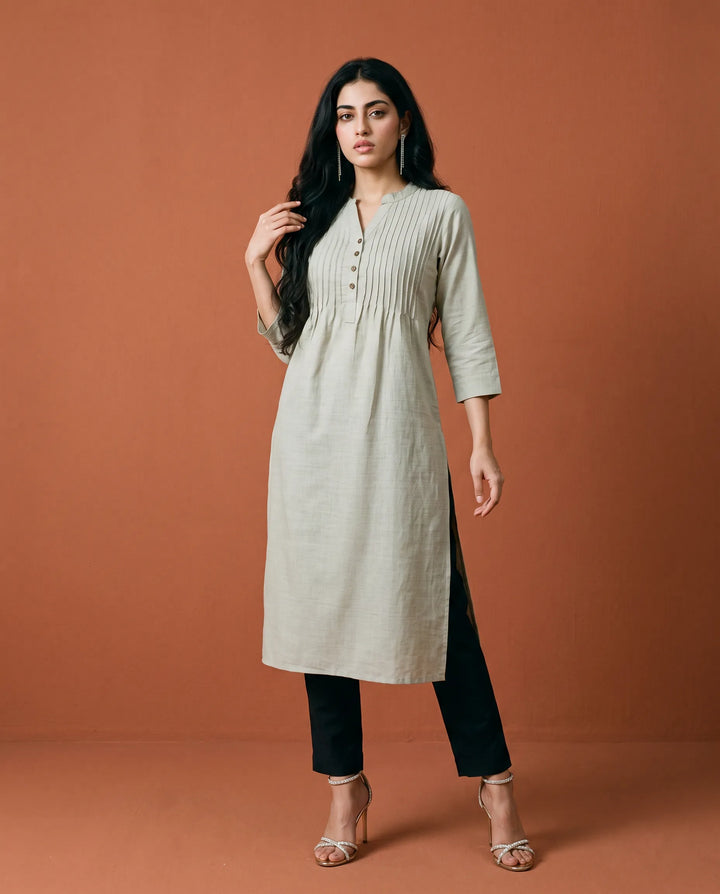 Grey Solid Cotton Straight cut Long Kurta