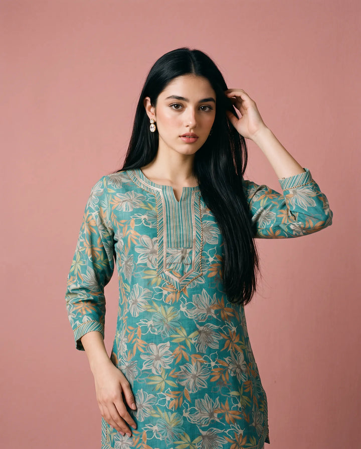 Turquoise Printed Cotton Blended Short Kurti