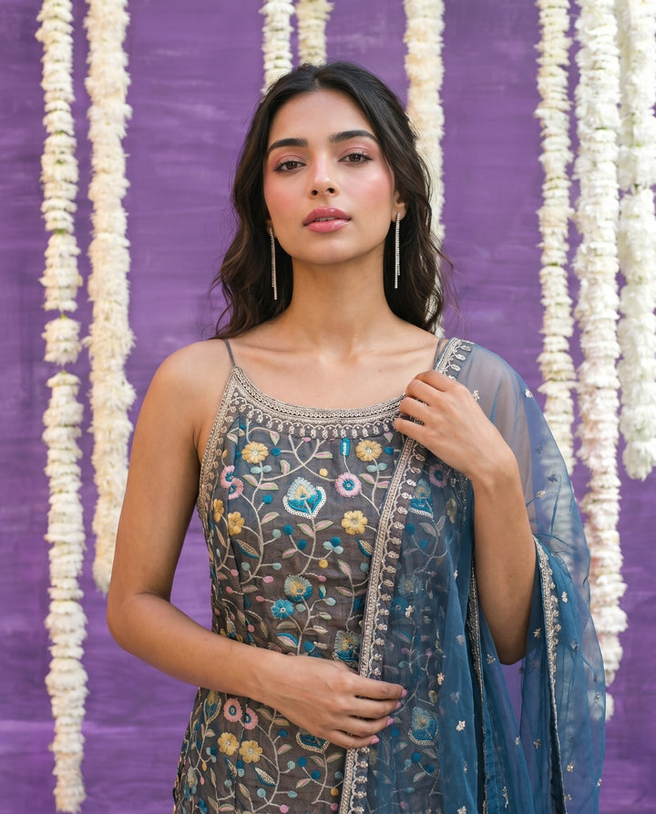Grey Embriodered Silk Blended Spaghetti Strap Kurta Bottom Dupatta Set